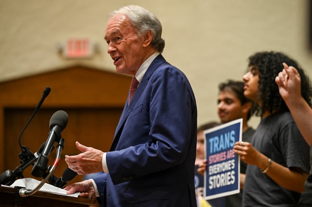 U.S. Senator Ed Markey (D-MA) addresses family members and advocates as they gather inside the Lutheran Church of the Reformation near the U.S. Supreme Court after justices supported a Republican-backed ban in Tennessee on gender-affirming medical care for transgender minors, during a rally in Washington, D.C., U.S., June 18, 2025. REUTERS/Annabelle Gordon/File Photo