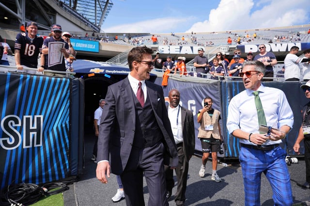 Tom Brady and Kevin Burkhardt prior to calling the Bears-Cowboys game on Sept. 21 for Fox Sports.