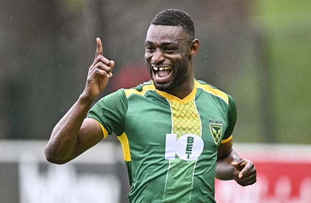 Junior Dion of Lamontville Golden Arrows celebrates during the Betway Premiership 2025/26 match against Mamelodi Sundowns at King Zwelithini Stadium in Durban on 24 September 2025 ©Gerhard Duraan/BackpagePix