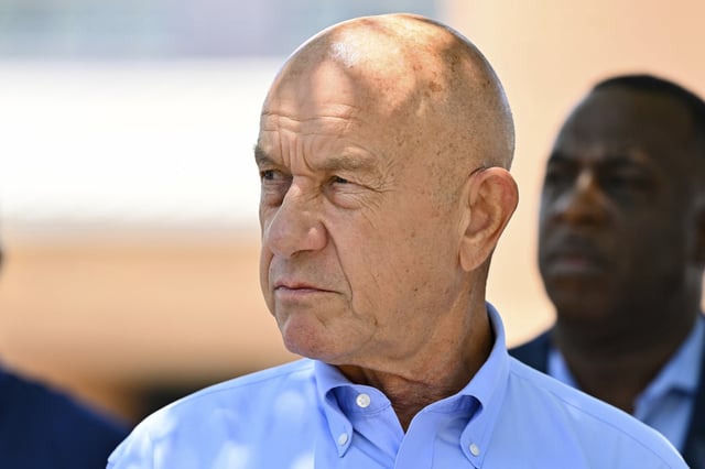 Mayor John Whitmire looks on before a news conference outside of Acres Homes cooling center in Houston, Wednesday, July 10, 2024.