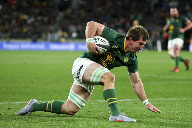 WELLINGTON, NEW ZEALAND - SEPTEMBER 13: Kwagga Smith of South Africa scores a try during The Rugby Championship match between New Zealand All Blacks and South Africa Springboks at Sky Stadium on September 13, 2025 in Wellington, New Zealand. (Photo by Hagen Hopkins/Getty Images)