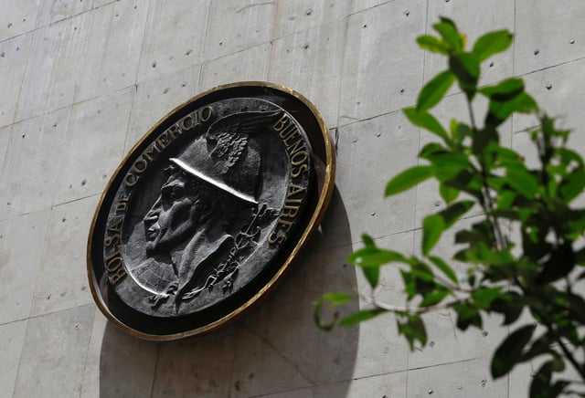 The logo of the Buenos Aires Stock Exchange is seen, in Buenos Aires, Argentina December 18, 2024. REUTERS/Francisco Loureiro/File Photo