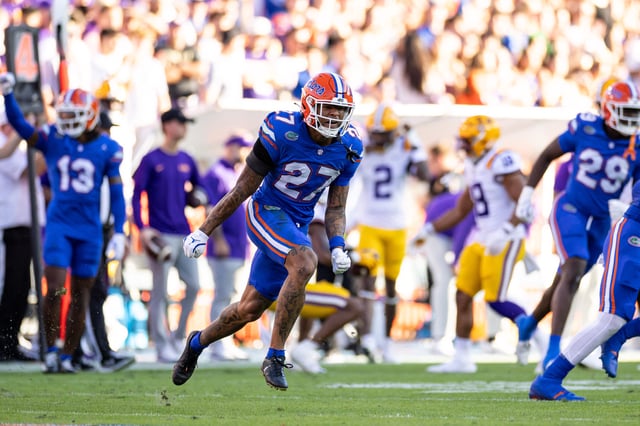 Nov 16, 2024; Gainesville, Florida, USA; Florida Gators defensive back Dijon Johnson (27) celebrates after a defensive stop against the LSU Tigers during the first half at Ben Hill Griffin Stadium. Mandatory Credit: Matt Pendleton-Imagn Images/File Photo