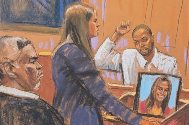 Sean "Diddy" Combs watches as prosecutor Maurene Comey questions celebrity stylist Deonte Nash in New York City on May 28, 2025.