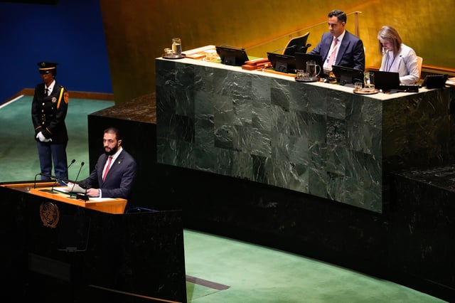 Syria President Ahmad Al-Sharaa speaks during the 80th session of the United Nations General Assembly, Wednesday, Sept. 24, 2025, at U.N. headquarters. (AP Photo/Yuki Iwamura)