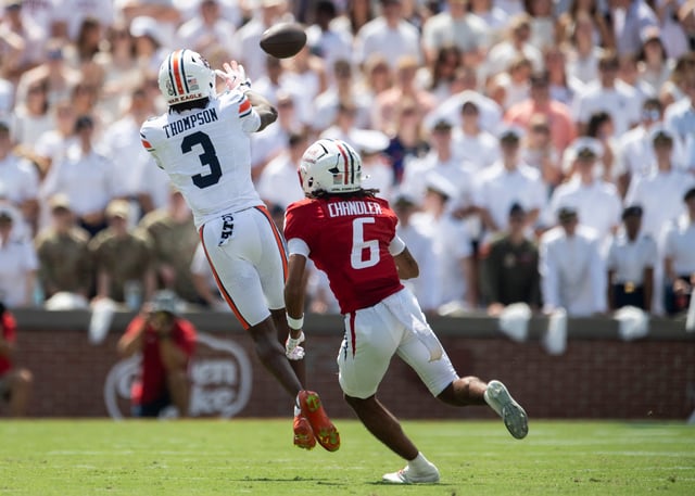 Auburn Tigers wide receiver Perry Thompson (3) catches a pass as Auburn Tigers take on South Alabama Jaguars at Jordan-Hare Stadium in Auburn, Ala. on Saturday, Sept. 13, 2025. Auburn Tigers defeated South Alabama Jaguars 31-15.