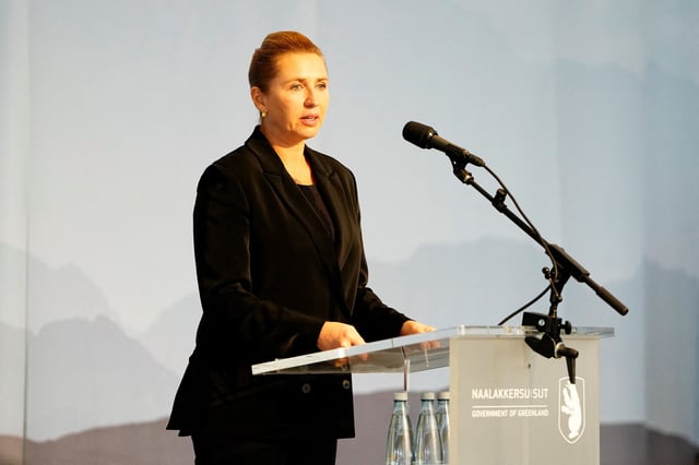 Denmark's Prime Minister Mette Frederiksen speaks during a meeting in the cultural center, in Nuuk, Greenland, September 24, 2025. Ritzau Scanpix/Mads Claus Rasmussen/via REUTERS