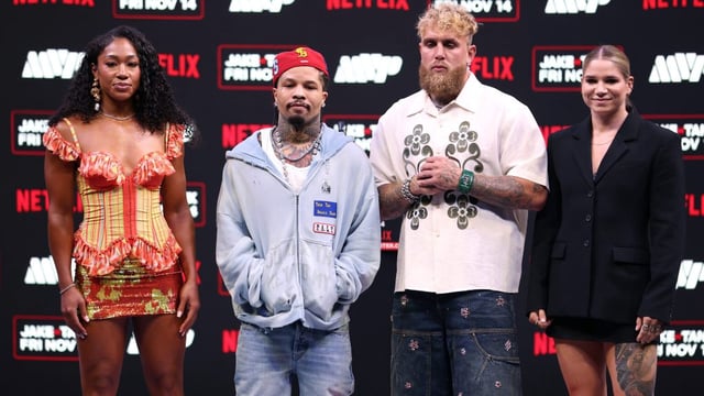 Jake Paul and Gervonta Davis at Miami press conference for upcoming fight