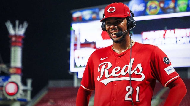 Sep 18, 2025; Cincinnati, Ohio, USA; Cincinnati Reds starting pitcher Hunter Greene (21) talks during a post game interview after the victory over the Chicago Cubs at Great American Ball Park. Mandatory Credit: Katie Stratman-Imagn Images