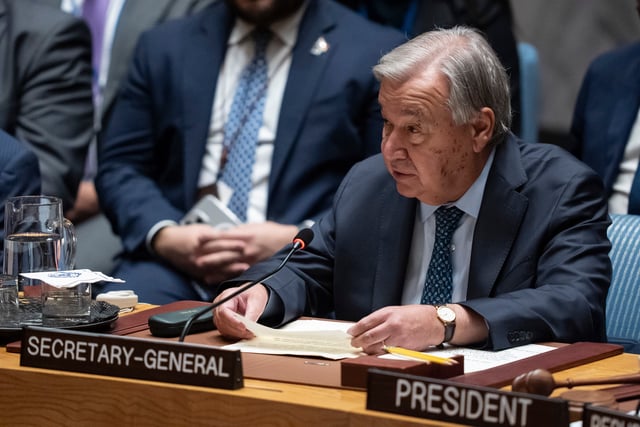 United Nations Secretary-General Antonio Guterres speaks during a Security Council meeting at the United Nations headquarters, Tuesday, Sept. 23, 2025, at U.N. headquarters. (AP Photo/Yuki Iwamura)