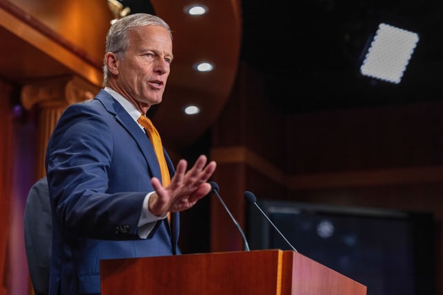 Senate Majority Leader John Thune speaks to the media during a press conference at the US Capitol on September 19, 2025 in Washington, DC.