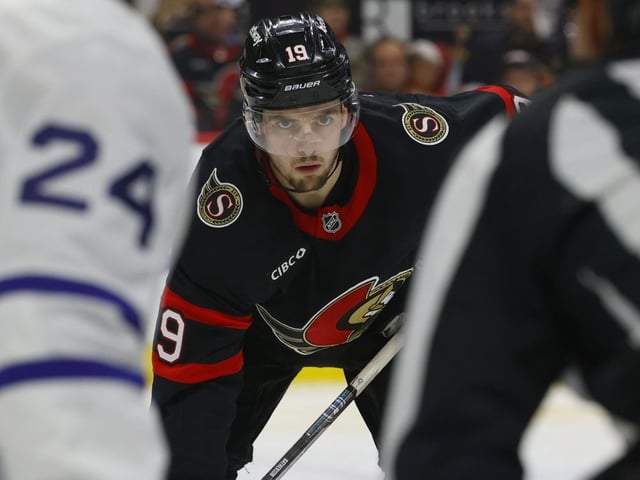Ottawa Senators’ Drake Batherson looks on during a faceoff against the Toronto Maple Leafs. 