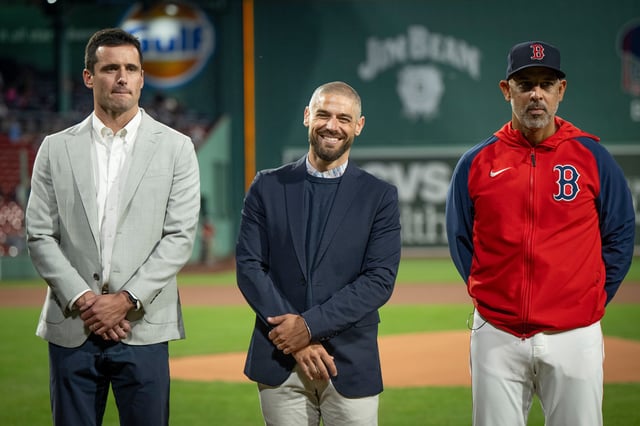 BOSTON, MASSACHUSETTS - MARCH 27:Assistant General Manager Paul Toboni of the Boston Red Sox, Director of Player Development Brian Abraham, and Alex Cora #13 of the Boston Red Sox look on during the Minor League Awards Pre-Game Ceremony before a game between the Tampa Bay Rays and the Boston Red Sox on September 27, 2024 at Fenway Park in Boston, Massachusetts. (Photo by Maddie Malhotra/Boston Red Sox/Getty Images)