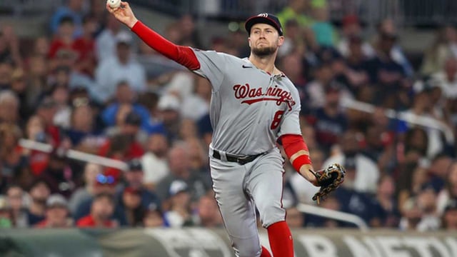 Sep 29, 2023; Atlanta, Georgia, USA; Washington Nationals third baseman Carter Kieboom (8) throws a runner out at first against the Atlanta Braves in the fifth inning at Truist Park. Mandatory Credit: Brett Davis-Imagn Images