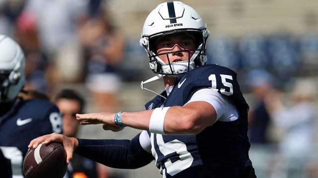 Sep 13, 2025; University Park, Pennsylvania, USA; Penn State Nittany Lions quarterback Drew Allar (15) throws a pass during a warmup prior to the game against the Villanova Wildcats at Beaver Stadium. Mandatory Credit: Matthew O'Haren-Imagn Images