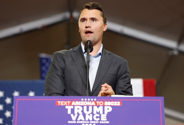 GLENDALE, ARIZONA - JULY 31: Charlie Kirk, who founded Turning Point USA, speaks before Republican vice presidential nominee U.S. Sen. JD Vance (R-OH) gives remarks at a campaign rally at Arizona Christian University on July 31, 2024 in Glendale, Arizona. Vance has traveled to cities across the Southwest to attend rallies this week. (Photo by Anna Moneymaker/Getty Images)
