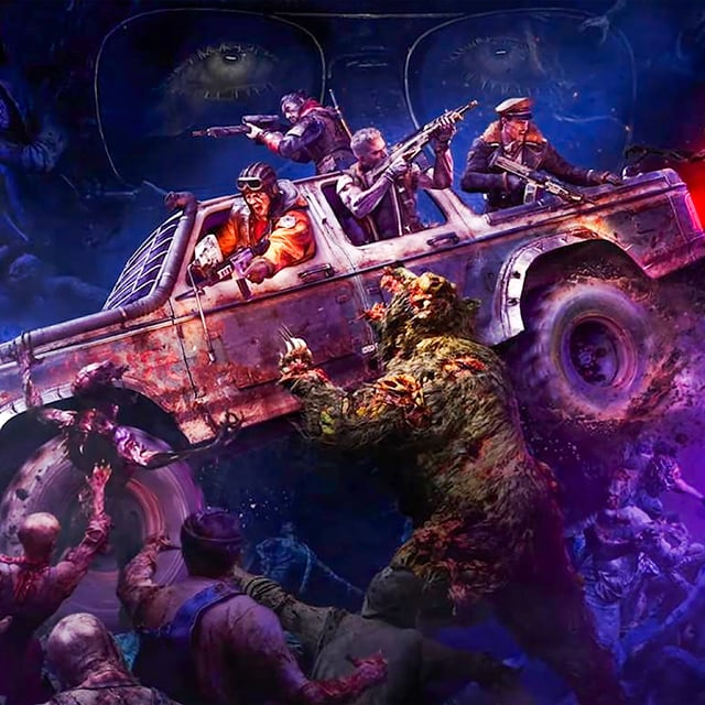 Promotional art for Call of Duty: Black Ops 7 depicting armed men in a suped up truck driving over zombies.