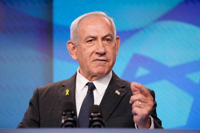 Israeli Prime Minister Benjamin Netanyahu gestures during a joint press conference with U.S. Secretary of State Marco Rubio (not pictured) at the Prime Minister's Office, during Rubio's visit, in Jerusalem, September 15, 2025. REUTERS/Nathan Howard/Pool/File Photo