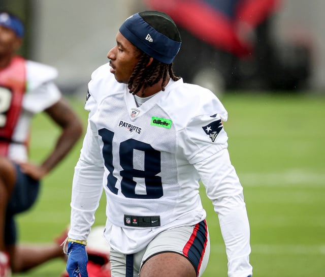 New England Patriots wide receiver Kyle Williams (18) during a team practice, Wednesday, in Foxborough. (Mark Stockwell/Boston Herald)