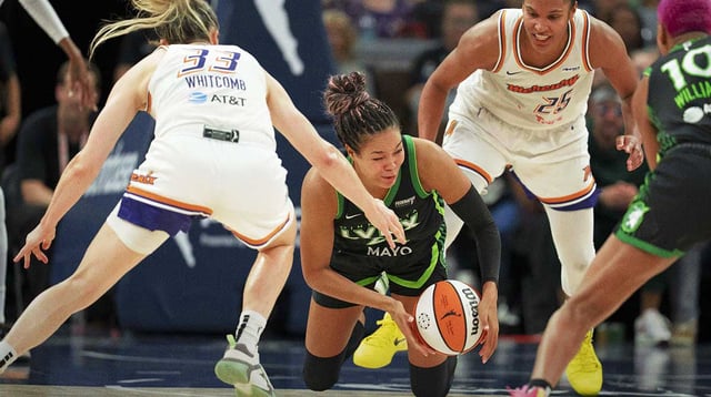 Sep 23, 2025; Minneapolis, Minnesota, USA; Minnesota Lynx forward Napheesa Collier (24) falls to the ground as Phoenix Mercury guard Sami Whitcomb (33) and forward Alyssa Thomas (25) attempt to get the ball during game two of the second round for the 2025 WNBA Playoffs at Target Center. Mandatory Credit: Jesse Johnson-Imagn Images
