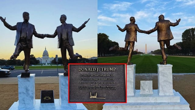 Una estatua que representa a Donald Trump y Jeffrey Epstein tomados de la mano fue instalada en el National Mall por un colectivo anónimo.