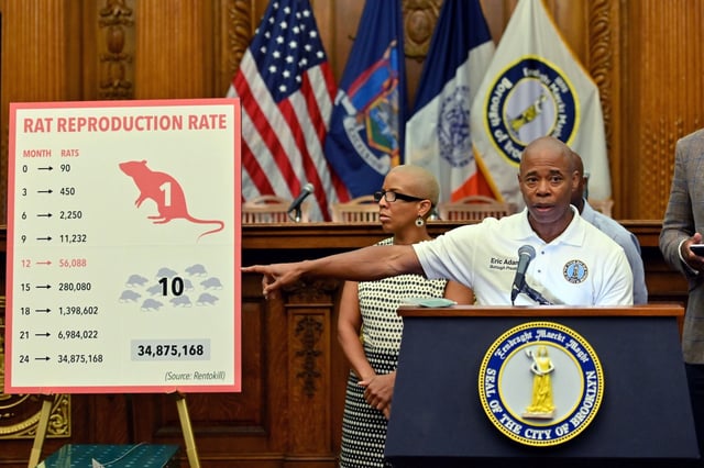 Eric Adams points at a chart as he announces the results of a pilot program aimed at curbing the rat population around Brooklyn Borough Hall on September 5, 2019 in New York. © Photo by Angela Weiss / AFP via Getty Images