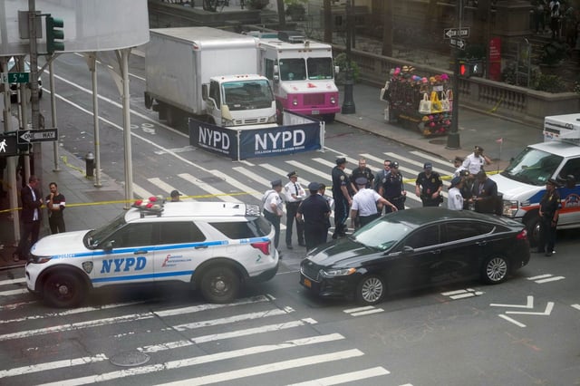 Two people, a man and a woman, suffered significant injuries after they were hit by a vehicle near 5th Ave. and E. 40th St. in Midtown, Manhattan, on Wednesday, Sept. 24, 2025. (Barry Williams / New York Daily News)