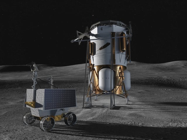 Blue Origin’s Blue Moon Mark 1 lander and NASA’s VIPER (Volatiles Investigating Polar Exploration Rover) shown here on the lunar surface in an artist’s depiction. Credit: Blue Origin