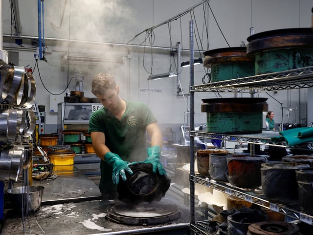 A person works at 140-year-old Fernandez y Roche Industrias Sombrereras Espanolas factory, which produces Orthodox Jewish hats, in Salteras, near Seville, southern Spain, May 23, 2025. REUTERS/Marcelo del Pozo