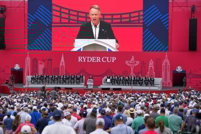 Europe captain Luke Donald speaks during the opening ceremonies for the Ryder Cup golf tournament, Wednesday, Sept. 24, 2025, on the Bethpage Black golf course, in Farmingdale, N.Y. (AP Photo/Matt Slocum)