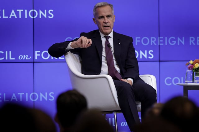 Canadian Prime Minister Mark Carney speaks at the Council on Foreign Relations in New York City, U.S., September 22, 2025. REUTERS/Jeenah Moon