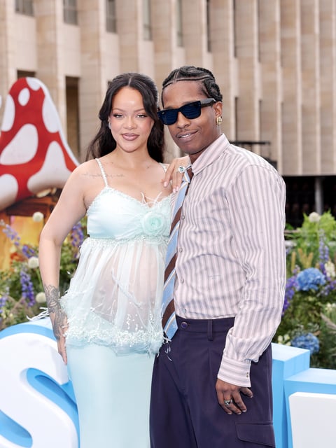 Rihanna and A$AP Rocky attend the "Smurfs" premiere at Mont des Arts on June 28, 2025, in Brussels, Belgium.