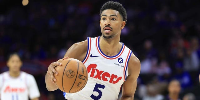 Mar 3, 2025; Philadelphia, Pennsylvania, USA; Philadelphia 76ers guard Quentin Grimes (5) controls the ball against the Portland Trail Blazers during the second quarter at Wells Fargo Center. Mandatory Credit: Bill Streicher-Imagn Images