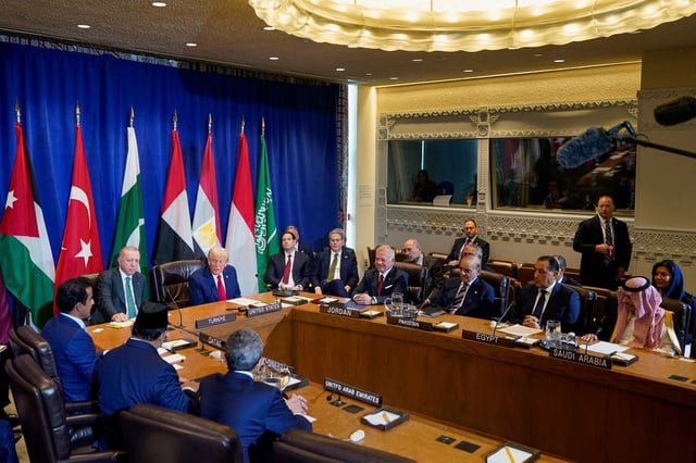 US President Donald Trump (at the table’s head) speaks to a group at the UN General Assembly on Tuesday that includes Pakistani Prime Minister Shehbaz Sharif, among others. Photo: Reuters