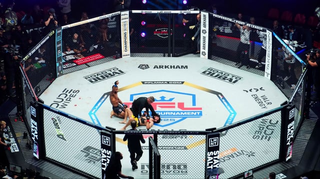 An aerial view of the PFL SmartCage at a 2025 event. Credit: Cooper Neill/Getty Images
