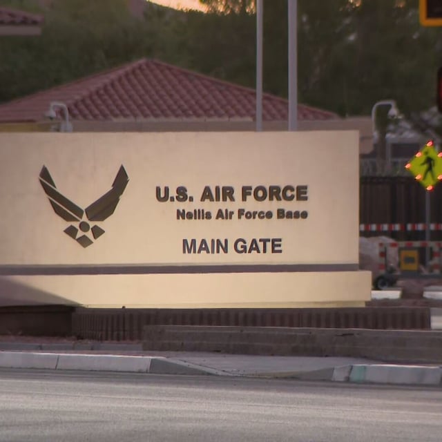 The main entrance to Nellis Air Force Base in Nevada is seen on Wednesday, Sept. 24, 2025. (KSNV)