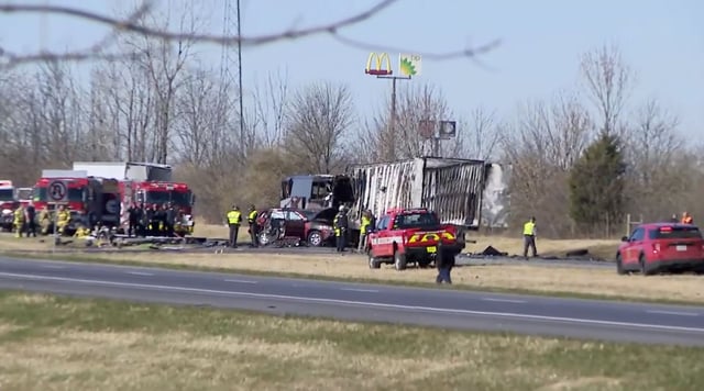 Emergency responders at the scene of the fatal accident on Interstate 70 West in Licking County, Ohio, on November 14, 2023.