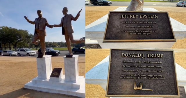 Estatuas de Trump y Epstein tomados de la mano. Foto: Captura de pantalla de video de X @ShadowofEzra