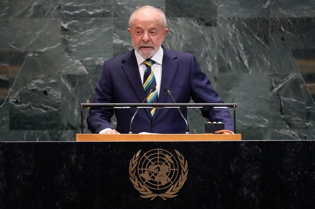 Brazil President Luiz Inacio Lula da Silva addresses the 80th session of the United Nations General Assembly, Tuesday, Sept. 23, 2025. (AP Photo/Richard Drew)