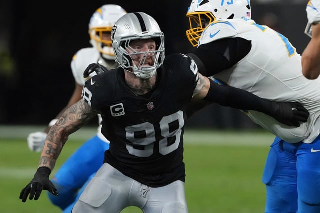 Raiders edge rusher Maxx Crosby eyes Chargers quarterback Justin Herbert in the first half on Sept. 15, 2025, in Las Vegas. (Rick Scuteri/AP)