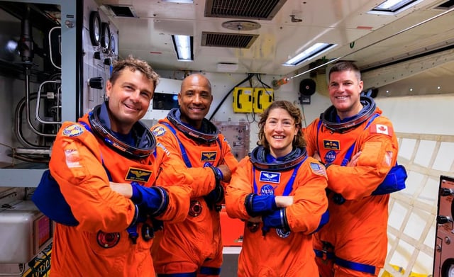 This photo provided by NASA shows, from left, Reid Wiseman, Victor Glover, and Christina Koch, and CSA (Canadian Space Agency) astronaut Jeremy Hansen during a test at Kennedy Space Center in Florida on Wednesday, Sept. 20, 2023.