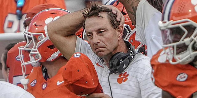 Sep 20, 2025; Clemson, South Carolina, USA; Clemson Tigers head coach Dabo Swinney late in the game against the Syracuse Orange at Memorial Stadium. Mandatory Credit: Ken Ruinard/GREENVILLE NEWS-USA TODAY Network via Imagn Images
