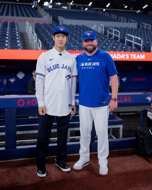 Moon Seo-jun (L), new South Korean pitcher for the Toronto Blue Jays, poses with Blue Jays manager John Schneider at Rogers Centre in Toronto on Sept. 24, 2025, in this photo provided by Leeco Sports Agency. (PHOTO NOT FOR SALE) (Yonhap)