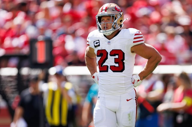 SANTA CLARA, CALIFORNIA - SEPTEMBER 21: Christian McCaffrey #23 of the San Francisco 49ers stands on the field during the first half of an NFL football game against the Arizona Cardinals at Levi's Stadium on September 21, 2025 in Santa Clara, California. (Photo by Brooke Sutton/Getty Images)