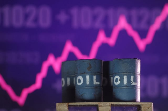 Rising stock graph and 3D printed oil barrels miniature are seen in this illustration taken June 23, 2025. REUTERS/Dado Ruvic/Illustration/File Photo