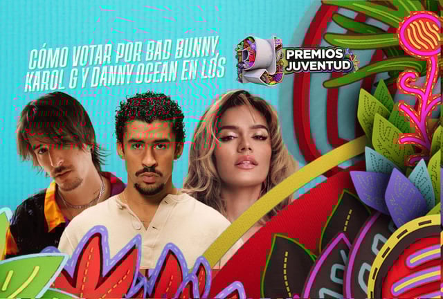 Bad Bunny, Karol G y Danny Ocean son algunas de las estrellas más nominadas a los Premios Juventud 2025. Conoce cómo votar por tus artistas favoritos en línea. | Crédito: univision.com / Composición Mag