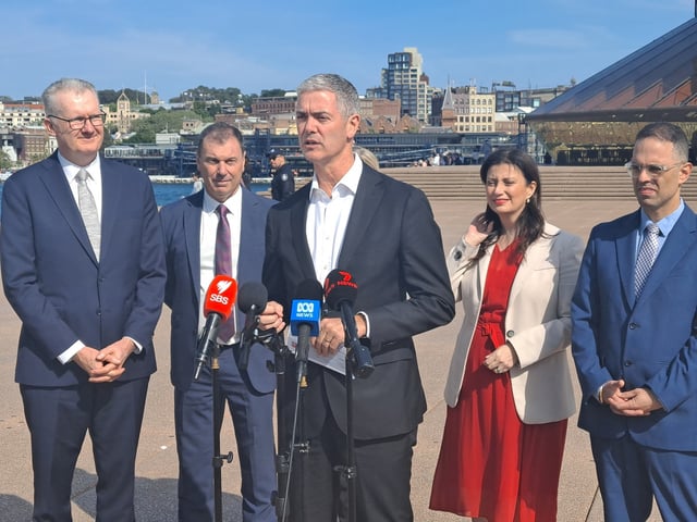 From left are Federal Arts Minister Tony Burke, Victorian Creative Industries Minister Colin Brooks, NSW Arts Minister John Graham, SA Arts Minister , Andrea Michaels, and NSW Treasurer Daniel Mookhey.