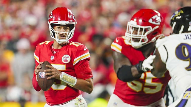 Sep 5, 2024; Kansas City, Missouri, USA; Kansas City Chiefs starting quarterback Patrick Mahomes (15) drops back to pass during the second half against the Baltimore Ravens at GEHA Field at Arrowhead Stadium. Mandatory Credit: Jay Biggerstaff-Imagn Images