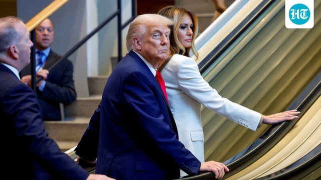US President Donald Trump and First Lady Melania Trump ride an escalator as they arrive to attend the 80th United Nations General Assembly, in New York City, New York, U.S., September 23, 2025. 