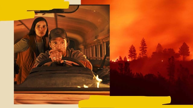 Matthew McConaughey and America Ferrera in The Lost Bus; flames from the Camp fire burn near a home atop a ridge near Big Bend, California